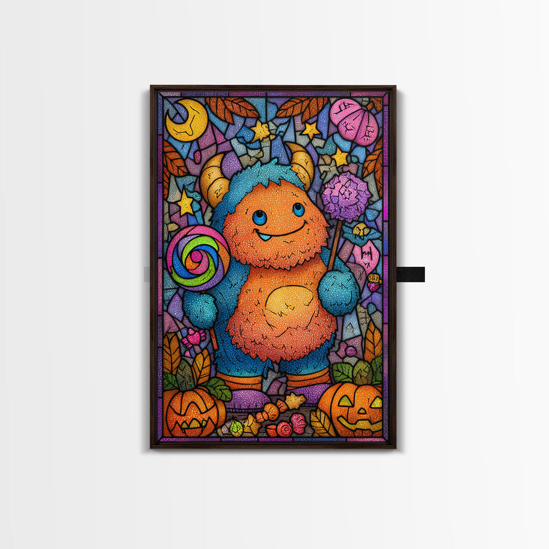 The Rainbow Monster, Stained Glass Halloween, Vertical Wall Art, Canvas Print, Cute Halloween Wall Art