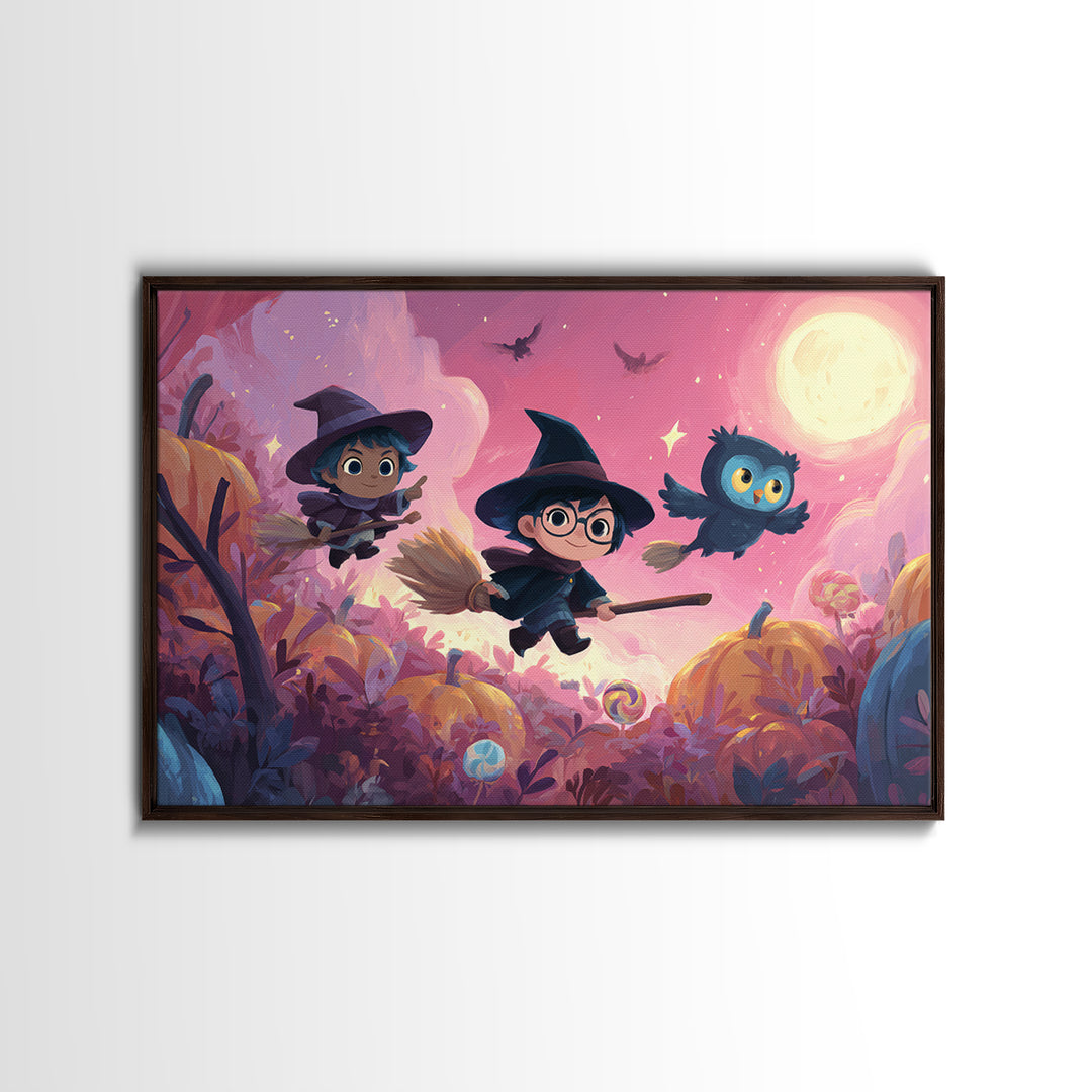 The Broomstick Riding Lesson, Vaporwave Halloween Art, Landscape Wall Art, Framed Canvas Print, Cute Halloween Wall Art