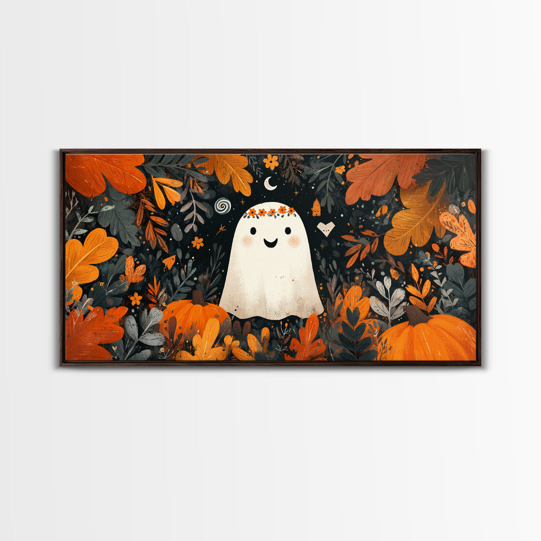 The Ghost With A Flower Crown, Vector Halloween Art, Wide Panoramic Art, Framed Canvas Print, Cute Halloween Wall Art