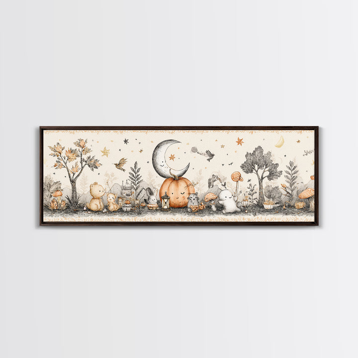 The Smiling Moon Meadow, Hand Sketch Halloween Art, Extra Wide Wall Art, Canvas Print, Cute Halloween Wall Art
