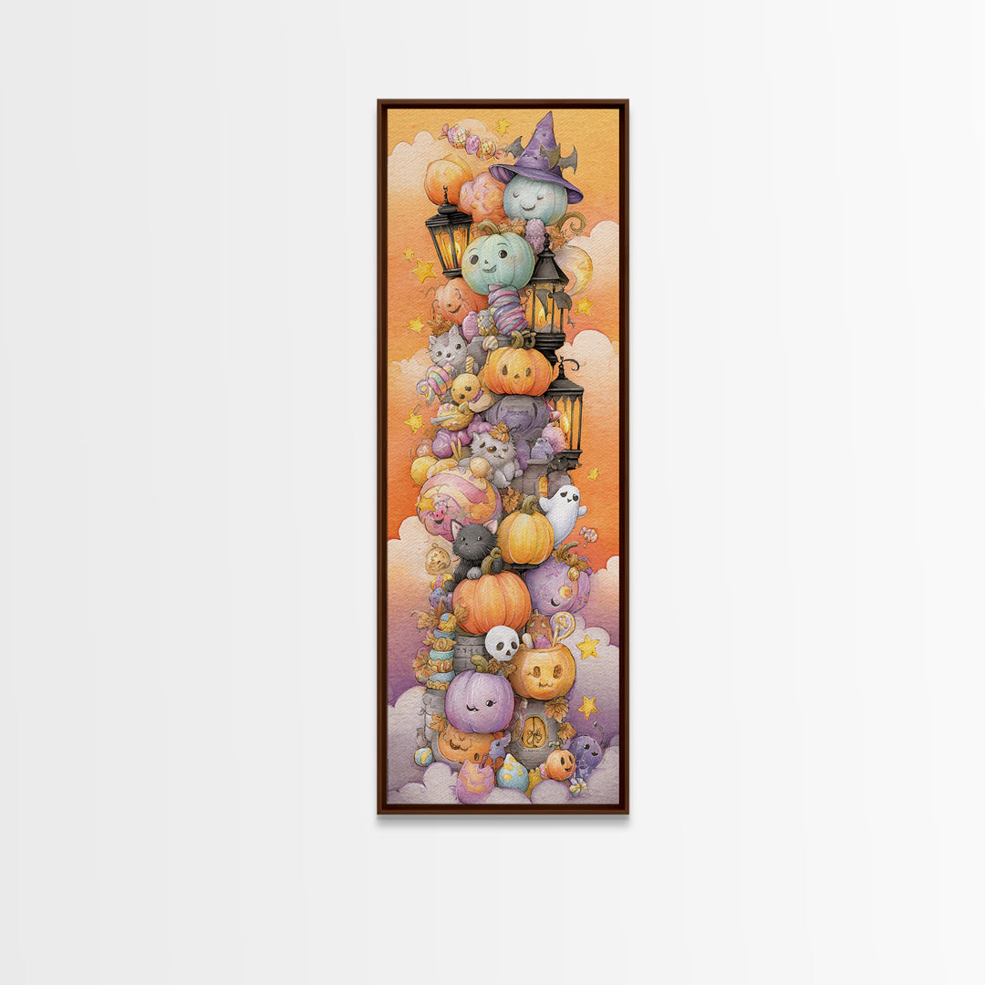 The Festival Of Friendly Frights, Watercolor Halloween Art, Tall Narrow Wall Art, Framed Canvas Print, Cute Halloween Wall Art