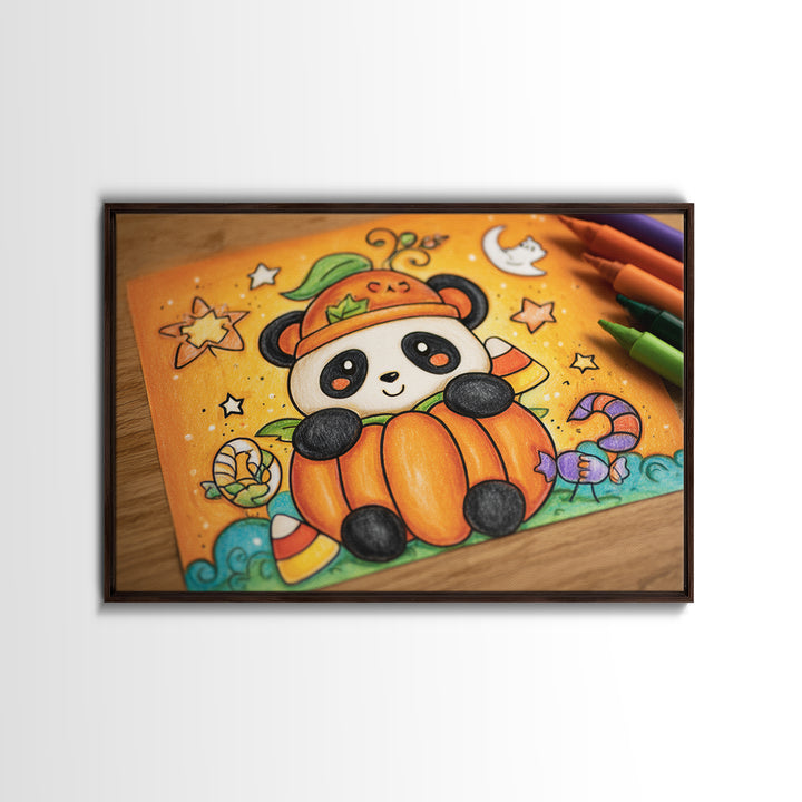 The Panda Pumpkin, Crayon Halloween Art, Landscape Wall Art, Framed Canvas Print, Cute Halloween Wall Art