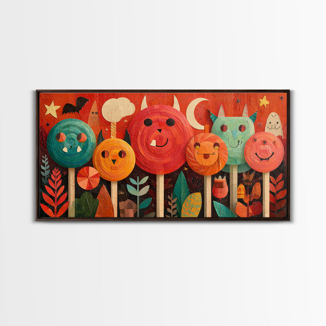 The Friendly Lollipop Monsters, Paper Collage Halloween, Wide Panoramic Art, Framed Canvas Print, Cute Halloween Wall Art