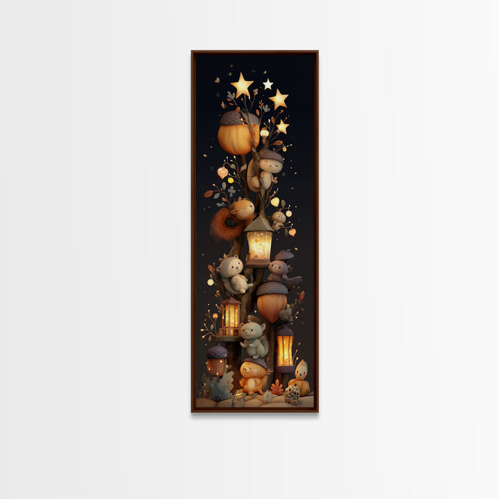 The Acorn Lantern Festival, Clay Halloween Art, Tall Narrow Wall Art, Framed Canvas Print, Cute Halloween Wall Art