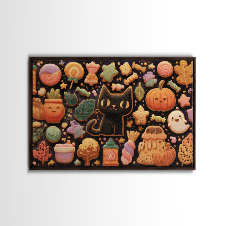The Black Cat Baker, Kawaii Halloween Art, Landscape Wall Art, Framed Canvas Print, Cute Halloween Wall Art