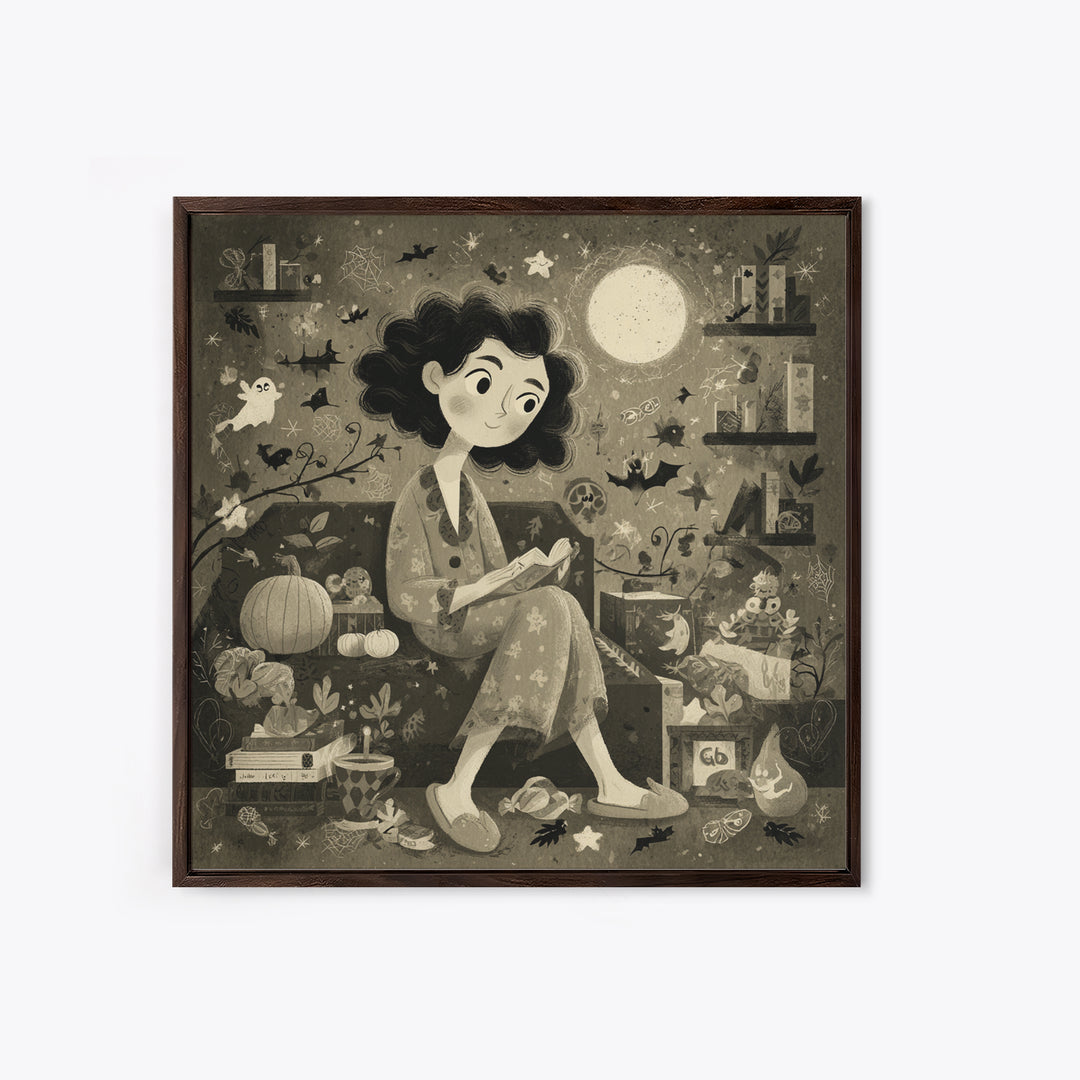 The Moonlight Pajama Witch, Retro Halloween Art, Square Wall Art, Canvas Print, Cute Halloween Wall Art