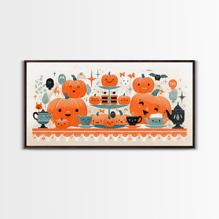 The Pumpkin Tea Party, Screenprint Halloween Art, Wide Panoramic Art, Framed Canvas Print, Cute Halloween Wall Art