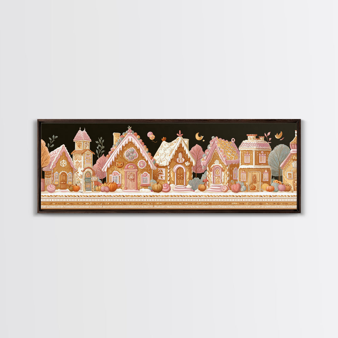 The Halloween Gingerbread Village, Folk Halloween Art, Extra Wide Wall Art, Canvas Print, Cute Halloween Wall Art, Storybook Decor