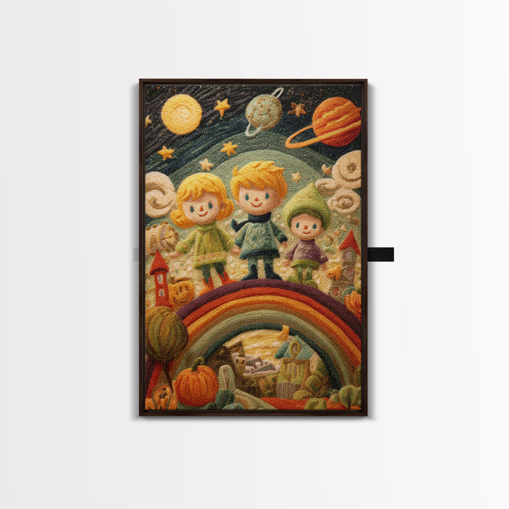 The Parade Across The Stars, Embroidered Halloween Art, Vertical Wall Art, Canvas Print, Cute Halloween Wall Art