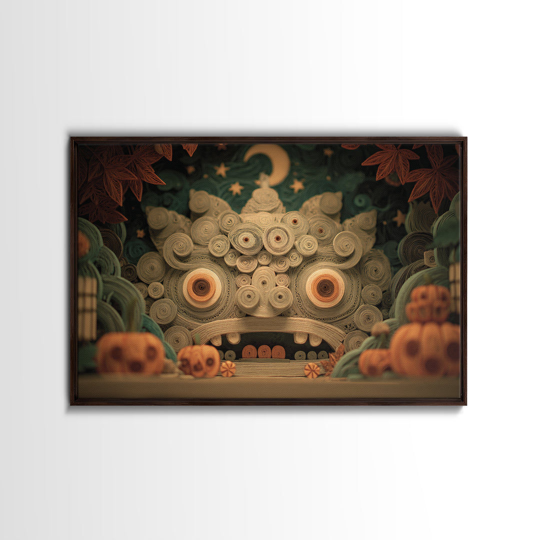 The Custodian Of The Whispering Idol, Quilled Halloween Art, Landscape Wall Art, Framed Canvas Print, Cute Halloween Wall Art