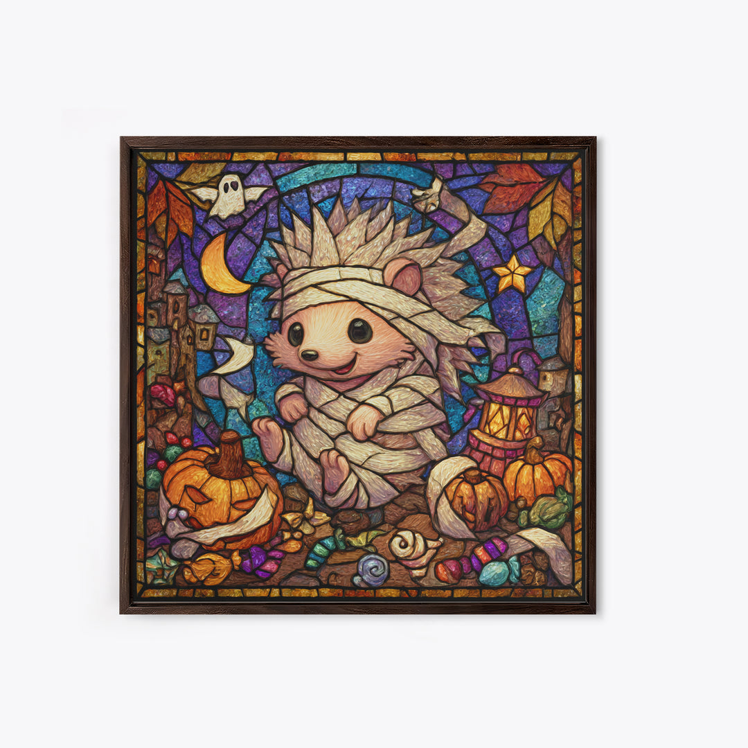 The Hedgehog Mummy, Stained Glass Halloween, Square Wall Art, Canvas Print, Cute Halloween Wall Art, Halloween Kids Decor