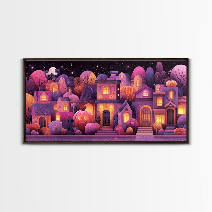 Pumpkin Cottage Lane, Vaporwave Halloween Art, Wide Panoramic Art, Framed Canvas Print, Cute Halloween Wall Art