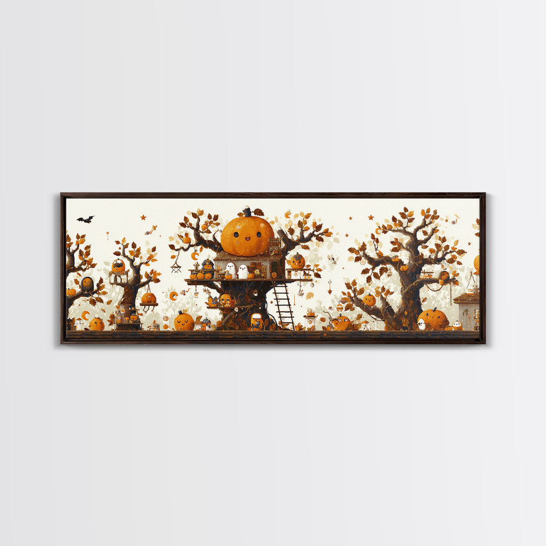 The Pumpkin Treehouse, Pixel Halloween Art, Extra Wide Wall Art, Canvas Print, Cute Halloween Wall Art
