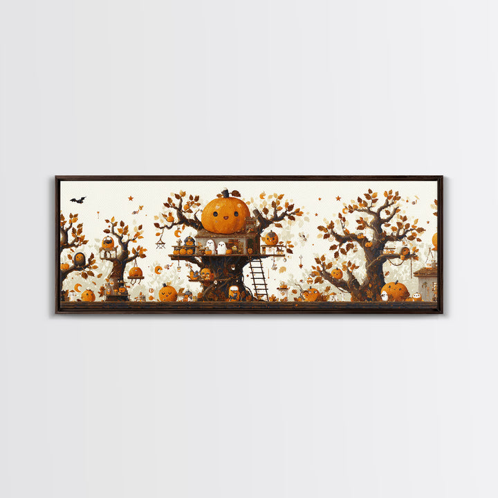 The Pumpkin Treehouse, Pixel Halloween Art, Extra Wide Wall Art, Canvas Print, Cute Halloween Wall Art