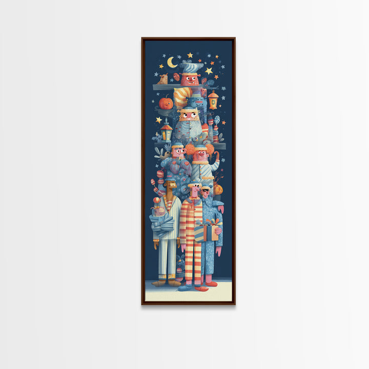 The Monster Pajama Parade, Vector Halloween Art, Tall Narrow Wall Art, Framed Canvas Print, Cute Halloween Wall Art