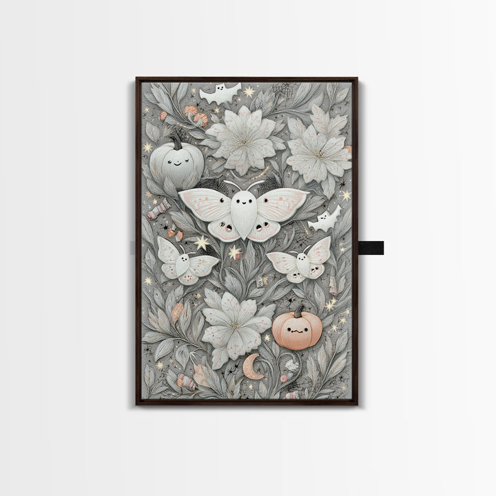 The Moon-Moth Garden, Hand Sketch Halloween Art, Vertical Wall Art, Canvas Print, Cute Halloween Wall Art