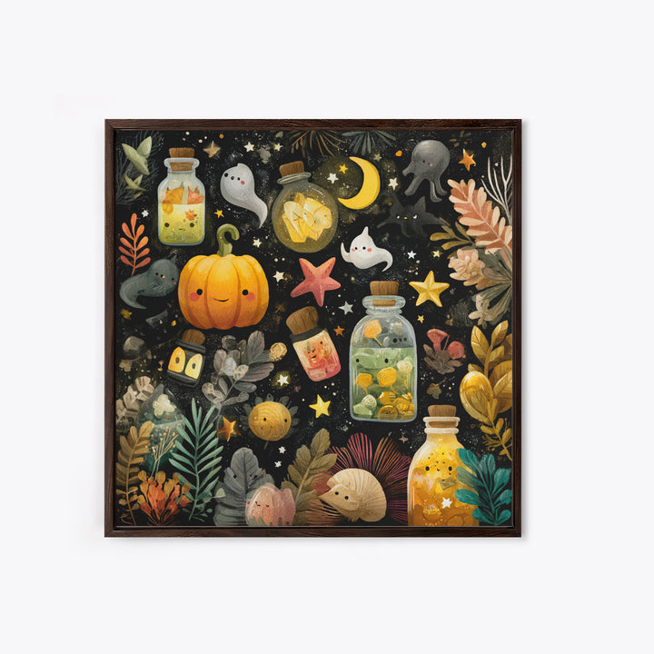 The Apothecary Of Black Seashell Dreams, Gouache Halloween Art, Square Wall Art, Canvas Print, Cute Halloween Wall Art