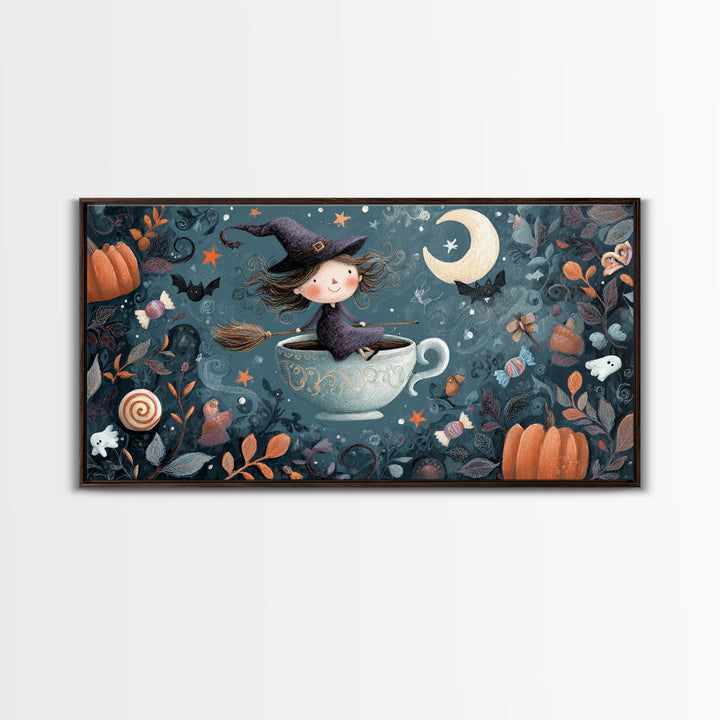The Teacup Witch, Crayon Halloween Art, Wide Panoramic Art, Framed Canvas Print, Cute Halloween Wall Art