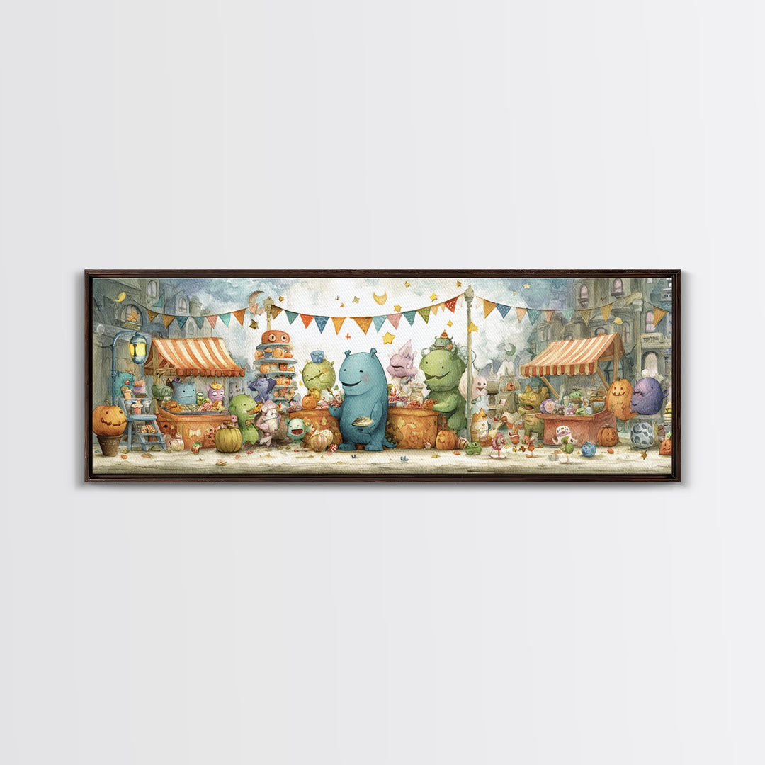 The Friendly Monster Market, Pastel Halloween Art, Extra Wide Wall Art, Canvas Print, Cute Halloween Wall Art