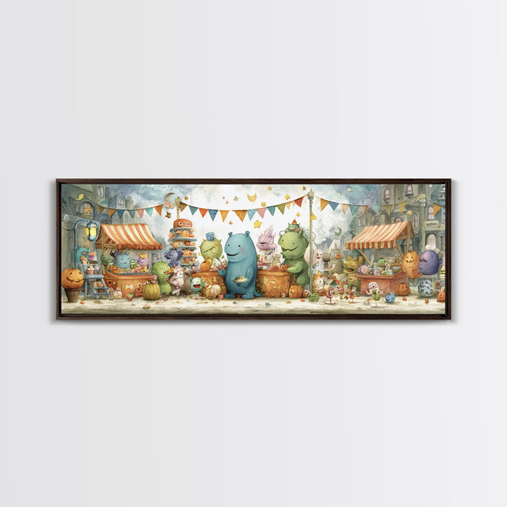 The Friendly Monster Market, Pastel Halloween Art, Extra Wide Wall Art, Canvas Print, Cute Halloween Wall Art