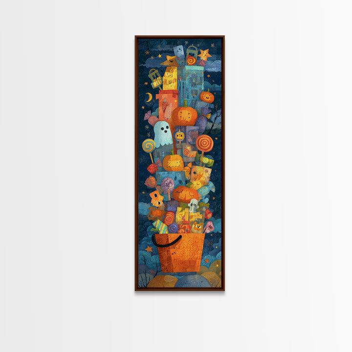 The Candy Basket Sleepover, Paper Collage Halloween, Tall Narrow Wall Art, Framed Canvas Print, Cute Halloween Wall Art