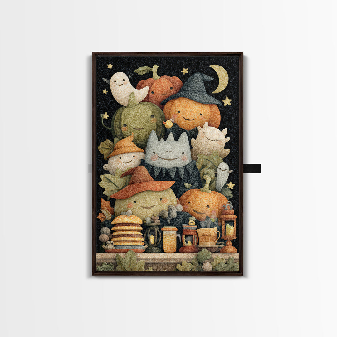 The Pumpkin Pancake Breakfast, Felt Halloween Art, Vertical Wall Art, Canvas Print, Cute Halloween Wall Art