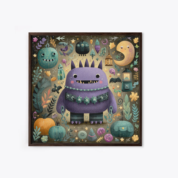 The Moonlit Shoggoth Menagerie, Plush Halloween Art, Square Wall Art, Canvas Print, Cute Halloween Wall Art