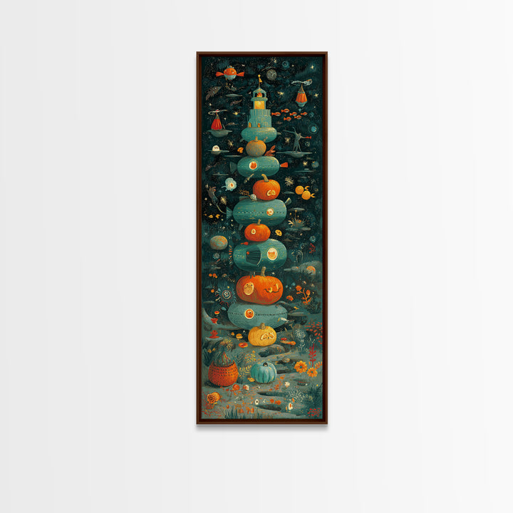 The Pumpkin Submarine, Screenprint Halloween Art, Tall Narrow Wall Art, Framed Canvas Print, Cute Halloween Wall Art