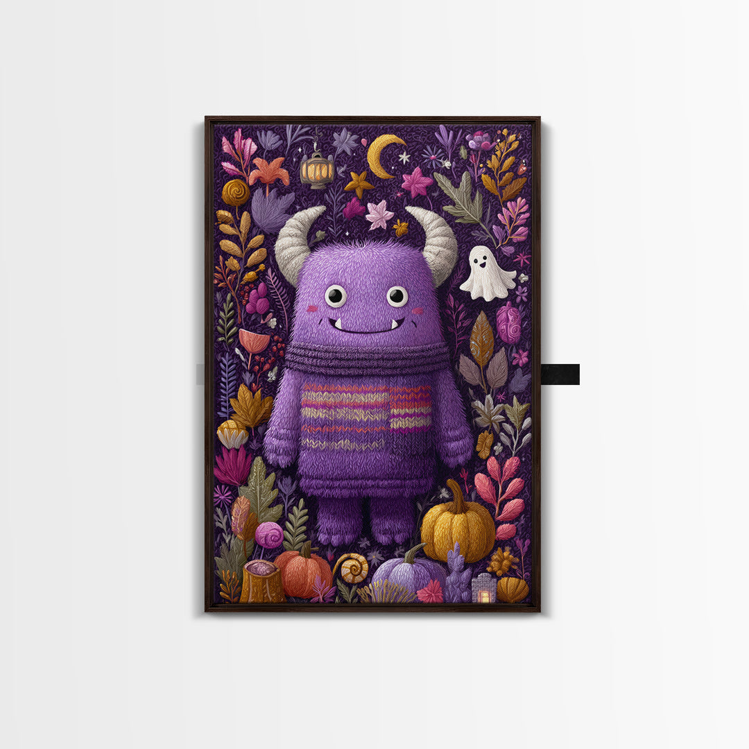The Fuzzy Purple Monster, Folk Halloween Art, Vertical Wall Art, Canvas Print, Cute Halloween Wall Art
