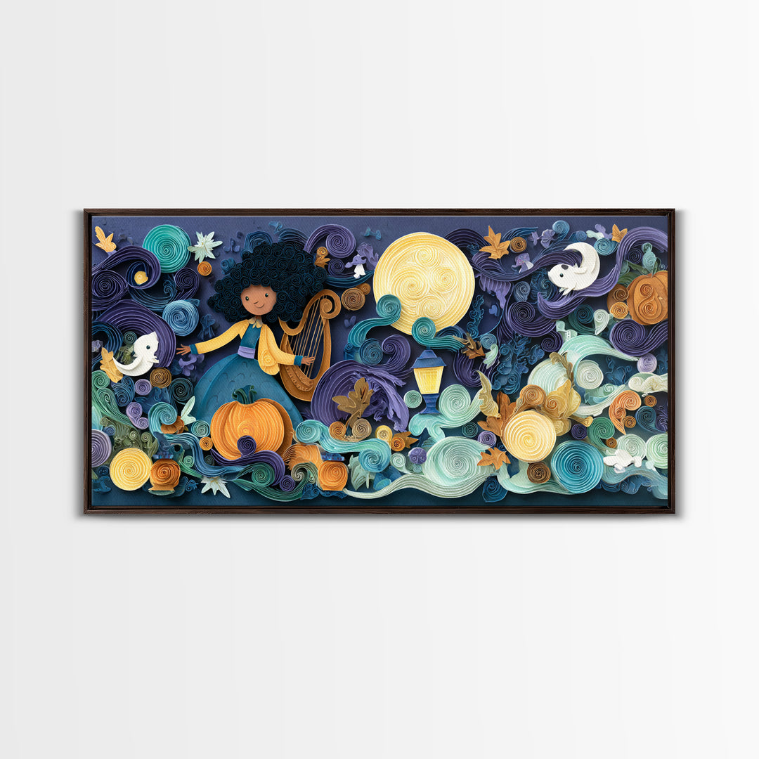 The Harpist Of Abyssal Sleep, Quilled Halloween Art, Wide Panoramic Art, Framed Canvas Print, Cute Halloween Wall Art