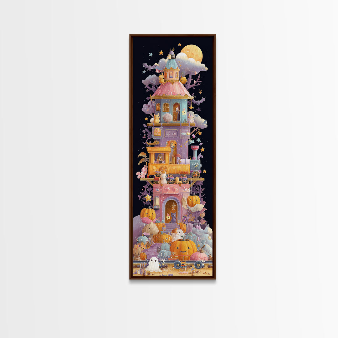 The Pumpkin Train Station, Vaporwave Halloween Art, Tall Narrow Wall Art, Framed Canvas Print, Cute Halloween Wall Art