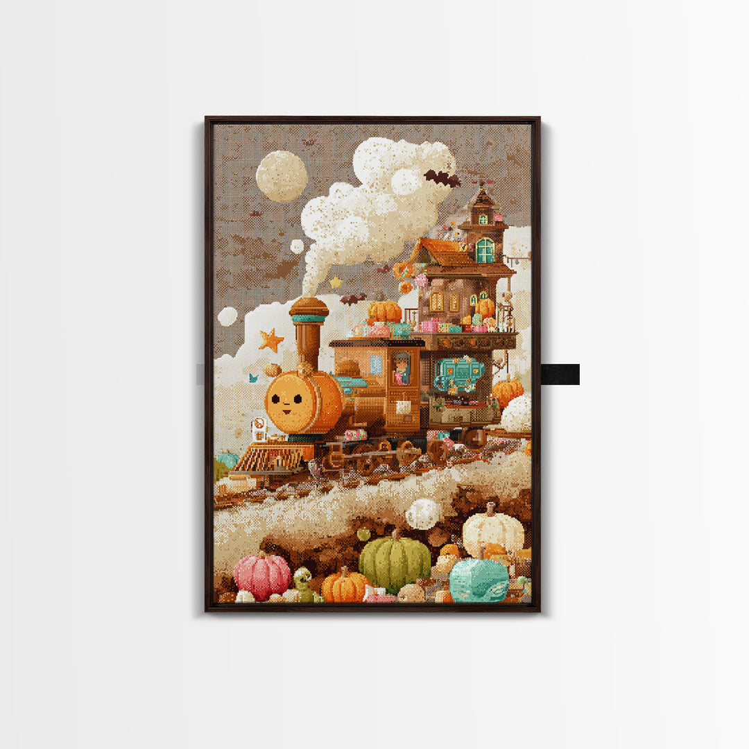 The Chocolate Pumpkin Train, Pixel Halloween Art, Vertical Wall Art, Canvas Print, Cute Halloween Wall Art