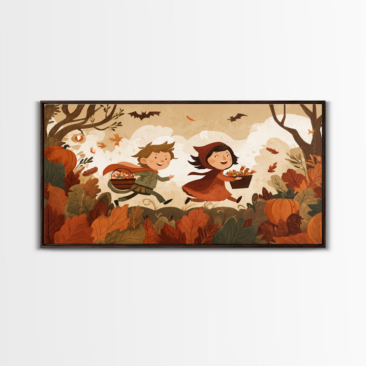 The Candy Bucket Relay Race, Vector Halloween Art, Landscape Wall Art, Framed Canvas Print, Cute Halloween Wall Art, Storybook Decor