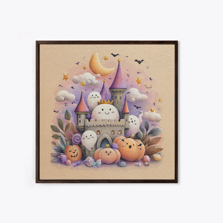 The Halloween Cloud Castle, Hand Sketch Halloween Art, Square Wall Art, Canvas Print, Cute Halloween Wall Art