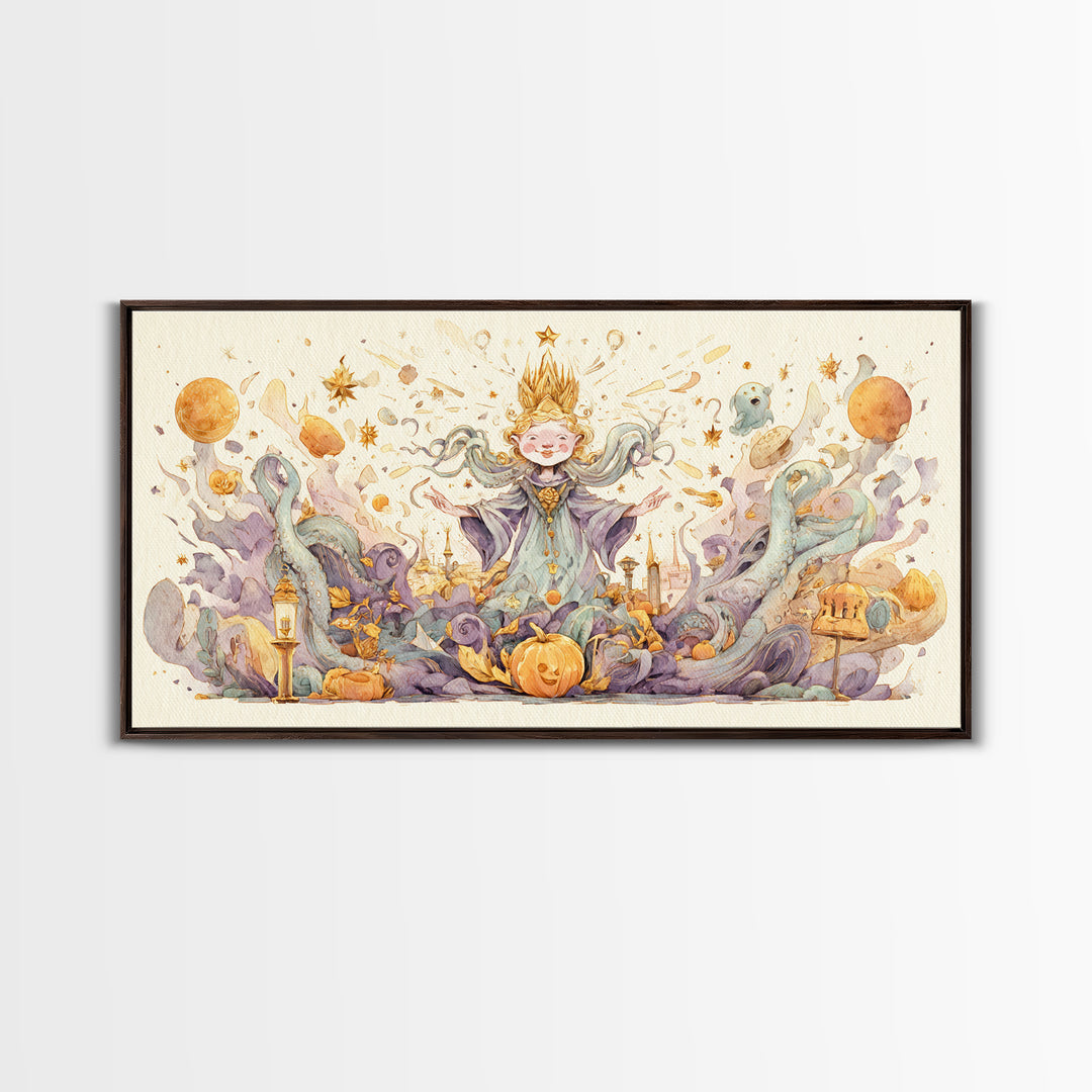 The Crown Of The Tentacled Saint, Watercolor Halloween Art, Wide Panoramic Art, Framed Canvas Print, Cute Halloween Wall Art