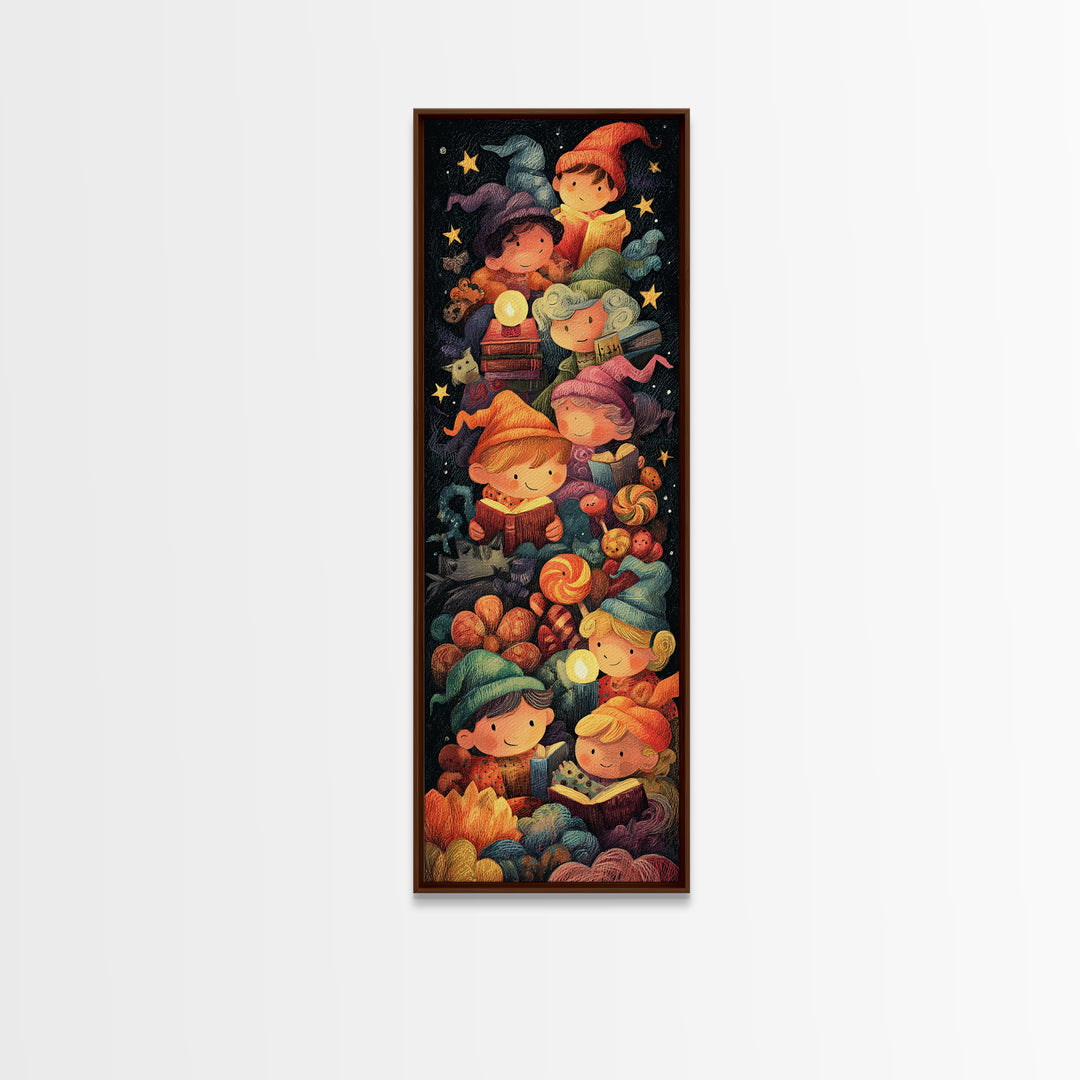The Spellbook Sleepover, Crayon Halloween Art, Tall Narrow Wall Art, Framed Canvas Print, Cute Halloween Wall Art
