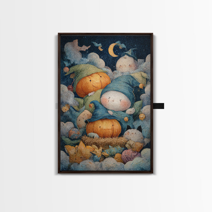 The Pumpkin Pajama Party, Pastel Halloween Art, Vertical Wall Art, Canvas Print, Cute Halloween Wall Art