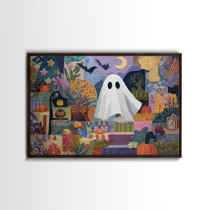 The Sleepy Blanket Ghost, Paper Collage Halloween, Landscape Wall Art, Framed Canvas Print, Cute Halloween Wall Art