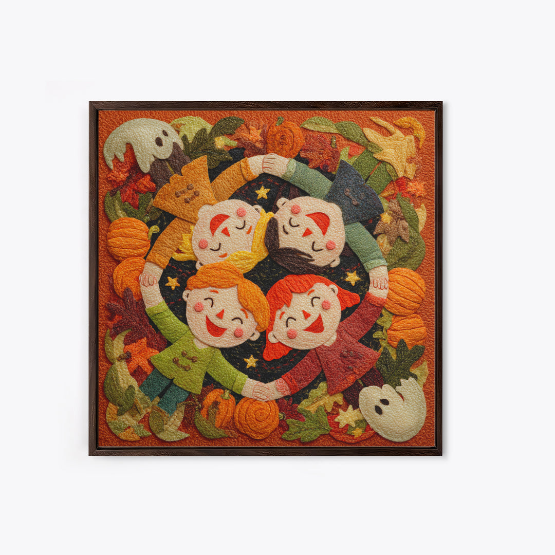 The Dancing Autumn Leaves, Felt Halloween Art, Square Wall Art, Canvas Print, Cute Halloween Wall Art