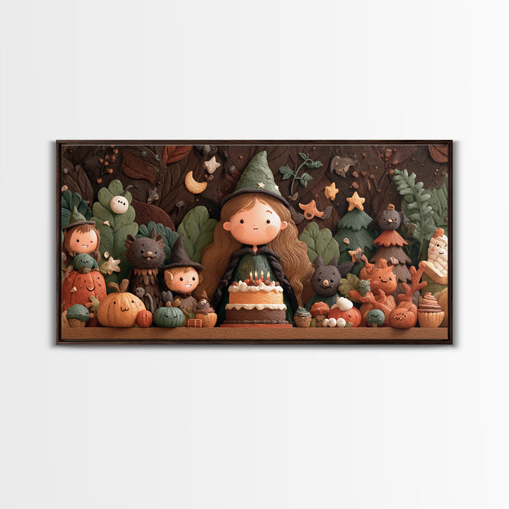 October'S Birthday Party, Clay Halloween Art, Wide Panoramic Art, Framed Canvas Print, Cute Halloween Wall Art