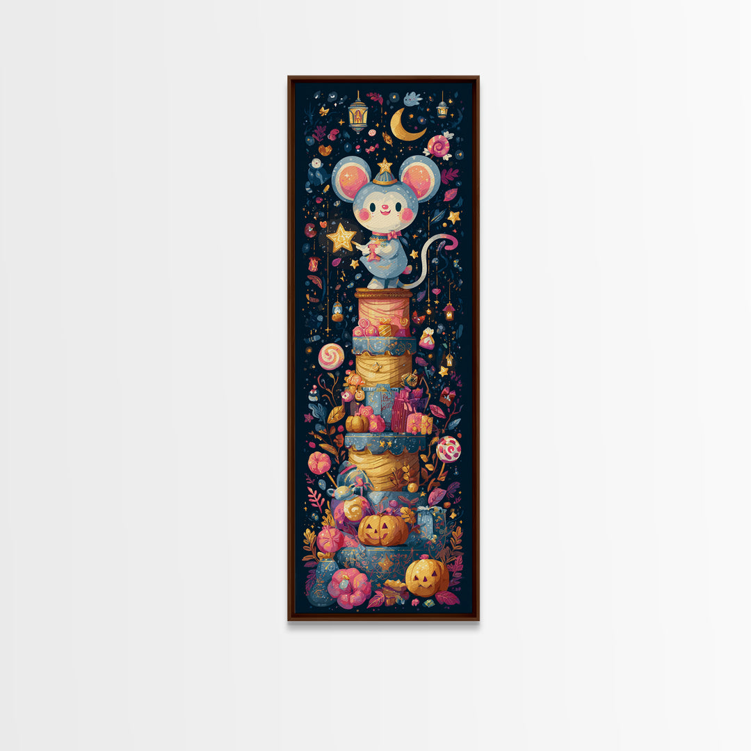 The Magician Mouse, Kawaii Halloween Art, Tall Narrow Wall Art, Framed Canvas Print, Cute Halloween Wall Art