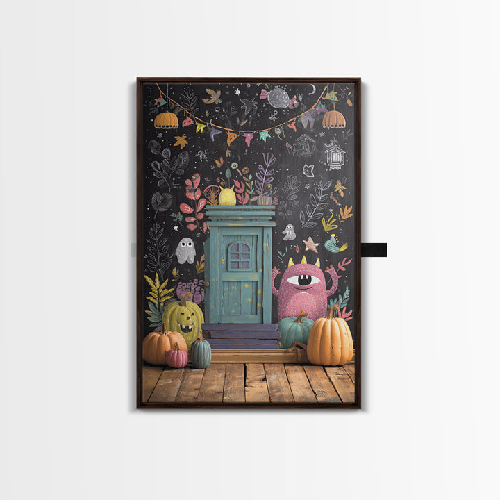 The Little Monster School, Retro Halloween Art, Vertical Wall Art, Canvas Print, Cute Halloween Wall Art