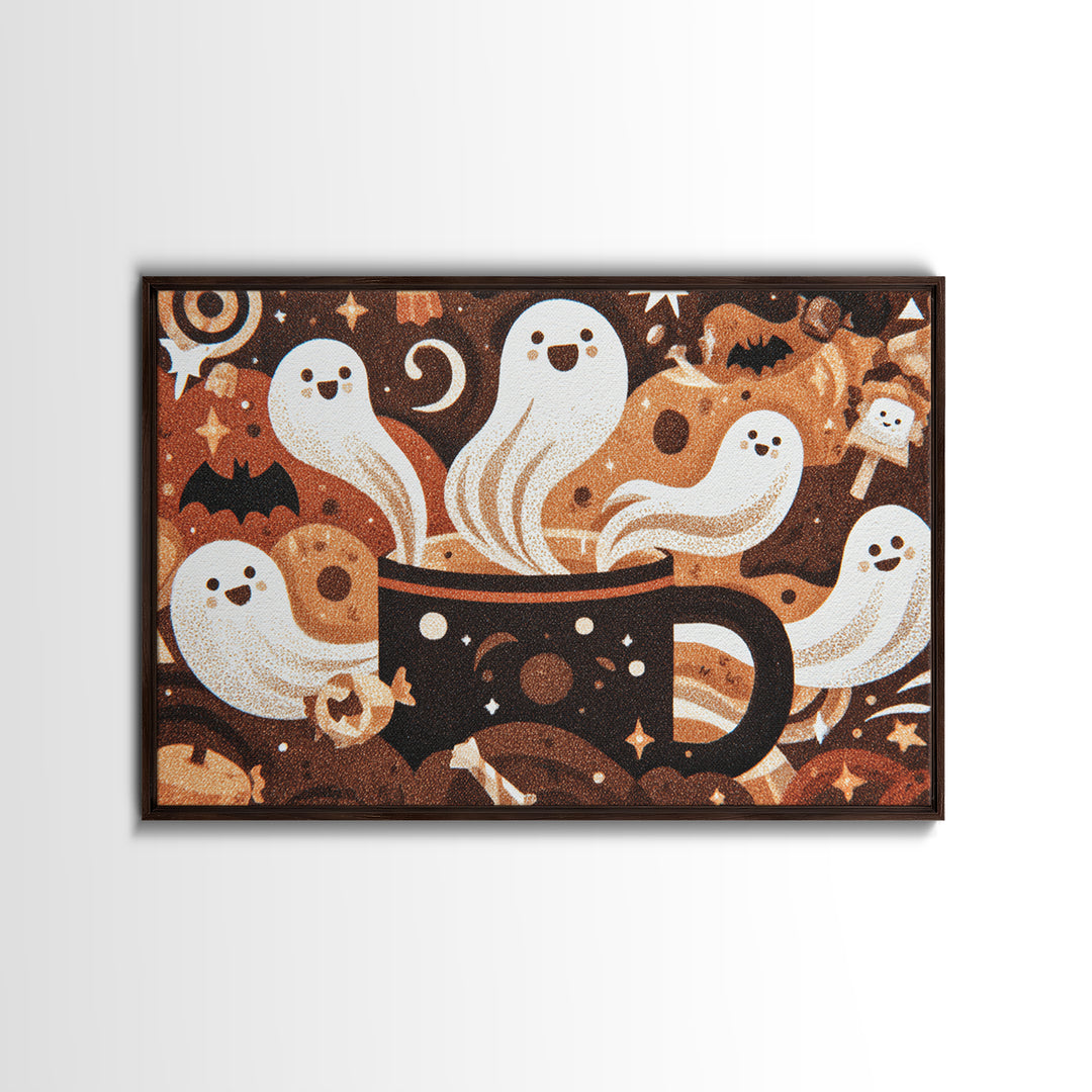 The Marshmallow Ghost Choir, Screenprint Halloween Art, Landscape Wall Art, Framed Canvas Print, Cute Halloween Wall Art