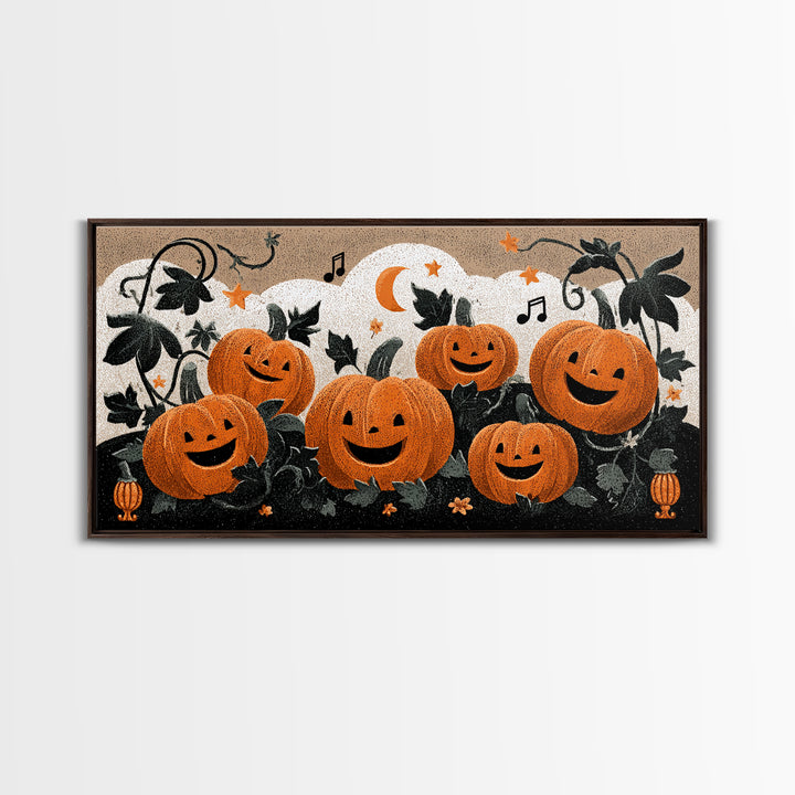 The Singing Pumpkin Patch, Linocut Halloween Art, Wide Panoramic Art, Framed Canvas Print, Cute Halloween Wall Art