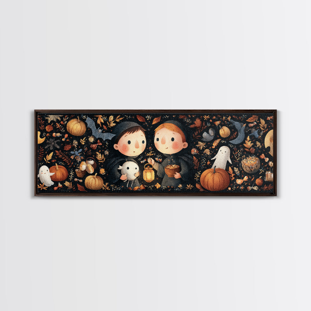 The Child Who Caught A Moon-Spawn, Embroidered Halloween Art, Extra Wide Wall Art, Canvas Print, Cute Halloween Wall Art