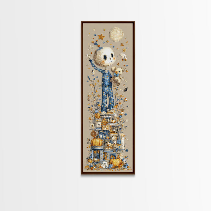 The Pajama Skeleton, Quilled Halloween Art, Tall Narrow Wall Art, Framed Canvas Print, Cute Halloween Wall Art