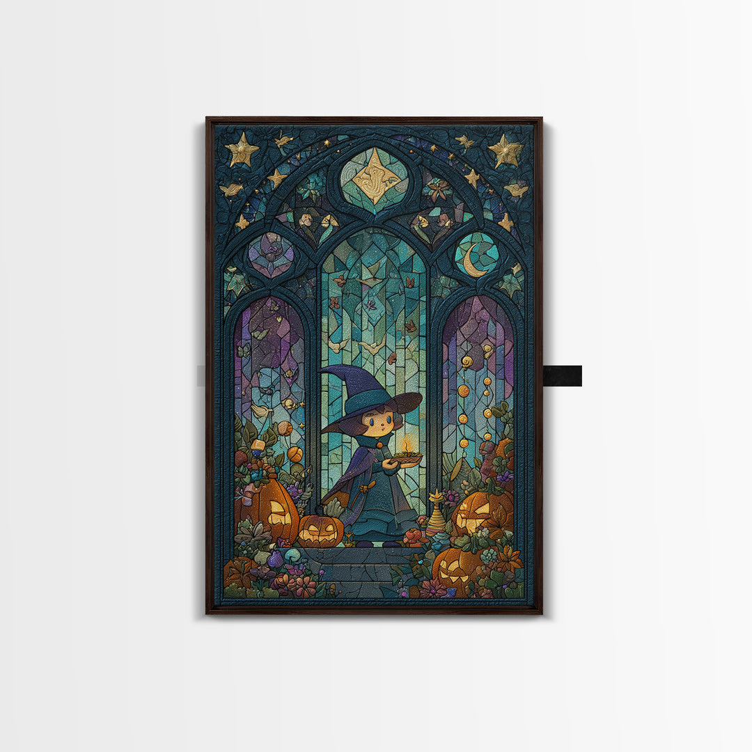 The Tiny Hat Shop Witch, Stained Glass Halloween, Vertical Wall Art, Canvas Print, Cute Halloween Wall Art