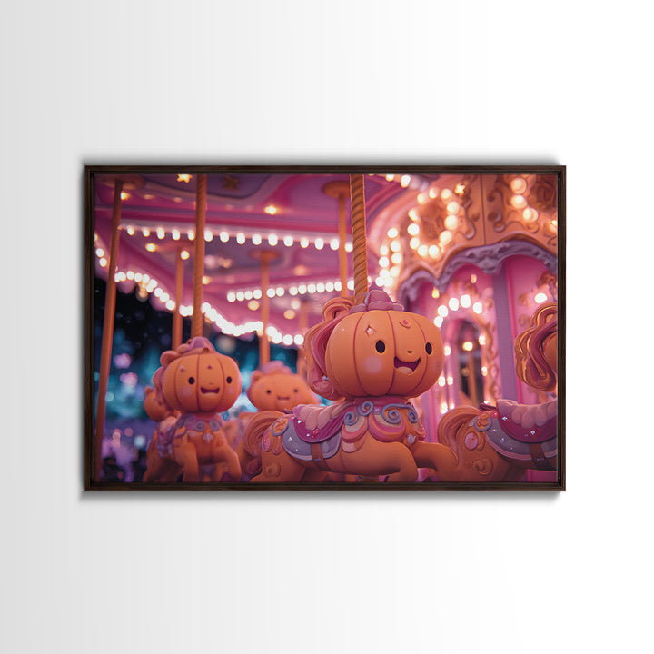 The Pumpkin Carousel, Vaporwave Halloween Art, Landscape Wall Art, Framed Canvas Print, Cute Halloween Wall Art