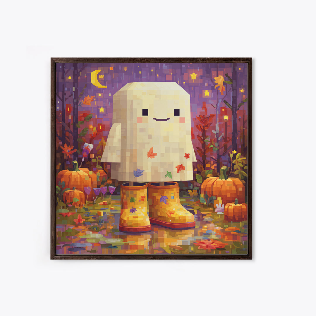 The Ghost In Rain Boots, Pixel Halloween Art, Square Wall Art, Canvas Print, Cute Halloween Wall Art