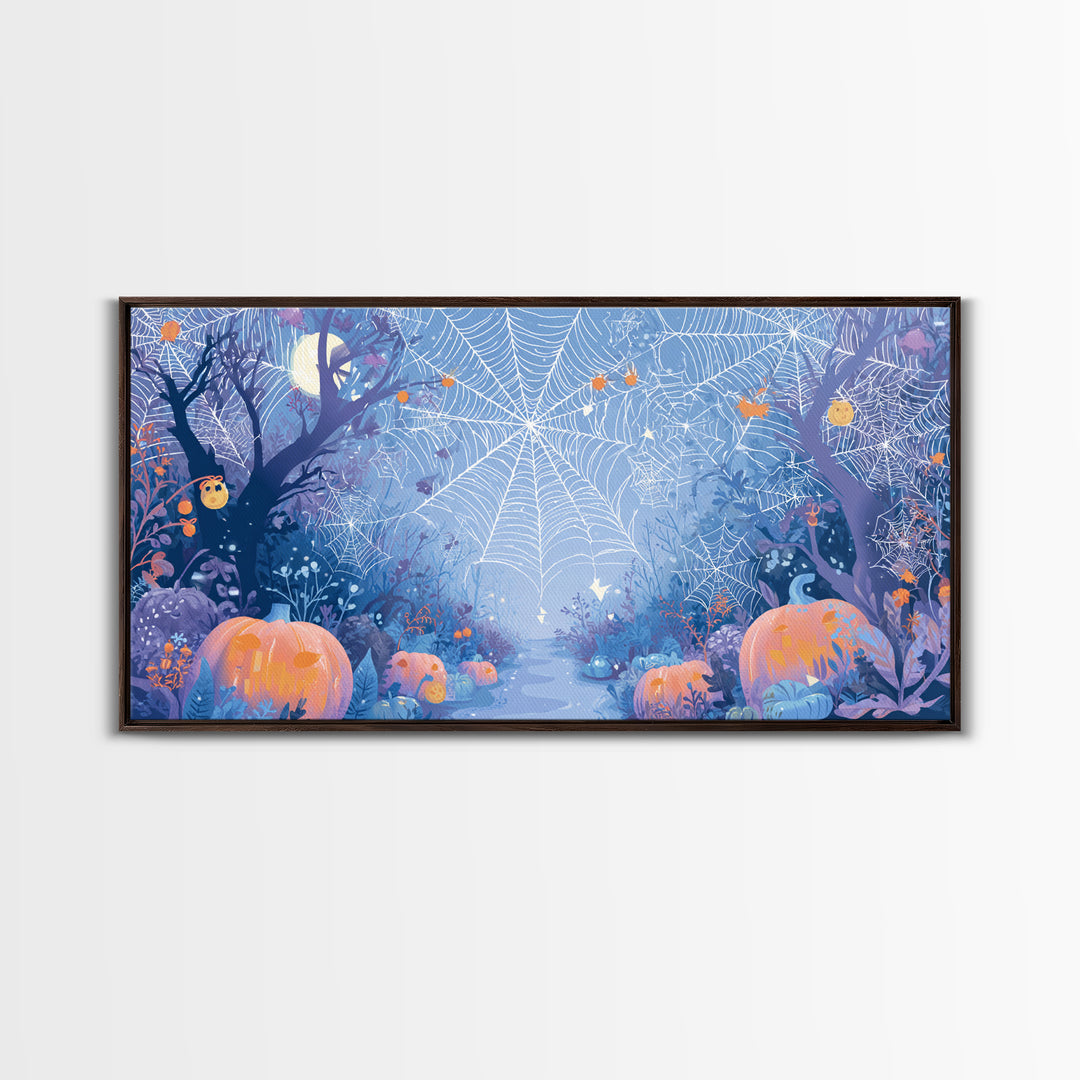 The Great Cobweb Knitting Contest, Vector Halloween Art, Wide Panoramic Art, Framed Canvas Print, Cute Halloween Wall Art